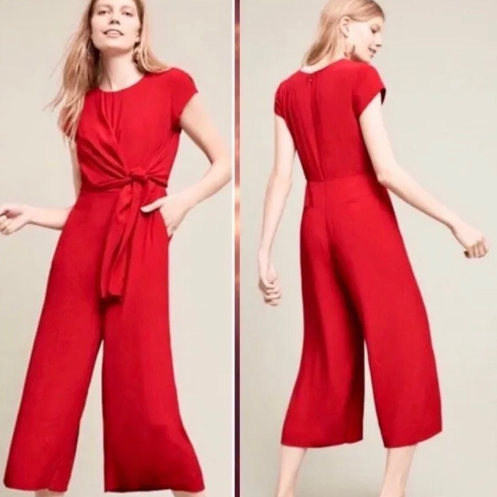 Maeve Red Short-Sleeve Tie-Waist Jumpsuit